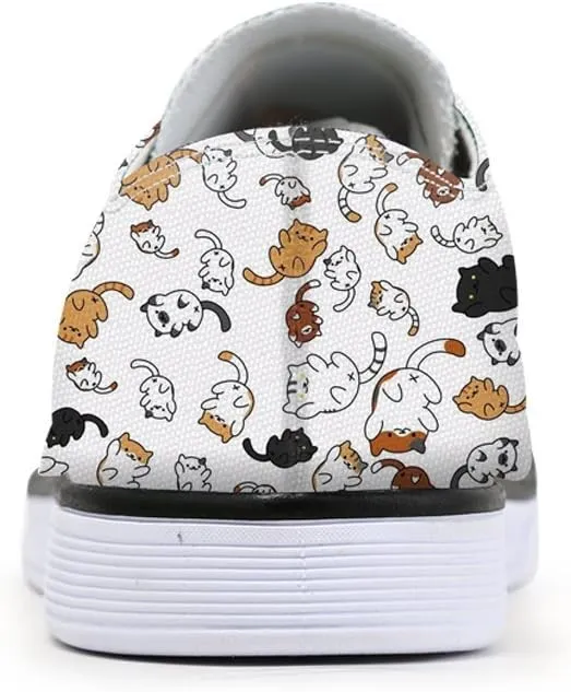 Women's Cat Printed Shoes Cute Ladies Cat Design Sneakers Low Tops White Canvas Shoes