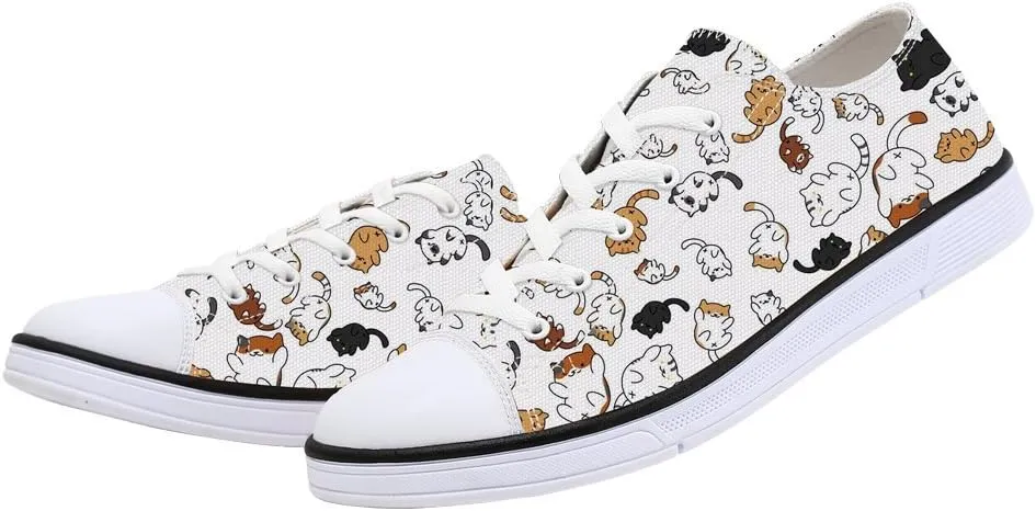 Women's Cat Printed Shoes Cute Ladies Cat Design Sneakers Low Tops White Canvas Shoes