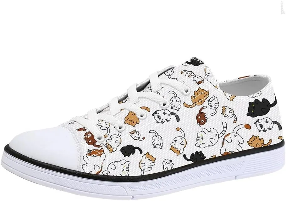 Women's Cat Printed Shoes Cute Ladies Cat Design Sneakers Low Tops White Canvas Shoes