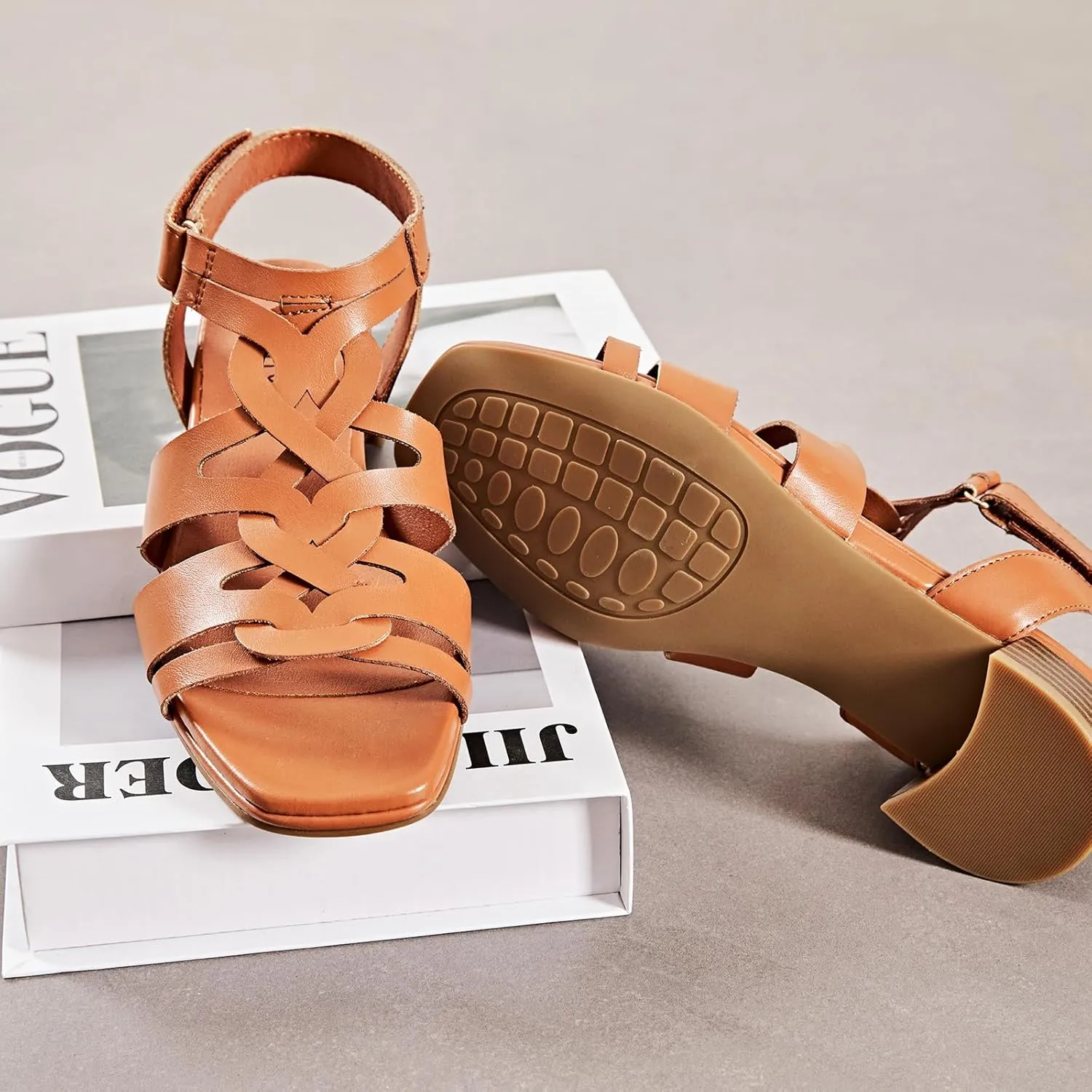 Women's Chunky Heeled Sandals - Block Low Heels Summer Ankle Strappy Square Open Toe Dressy Wedding Sandals for Women.