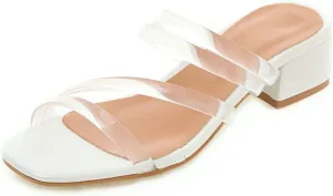 Women's Clear Strappy Heeled Slide Sandals Open Toe Slip On Jelly Comfy Low Block Heel Dress Sandal