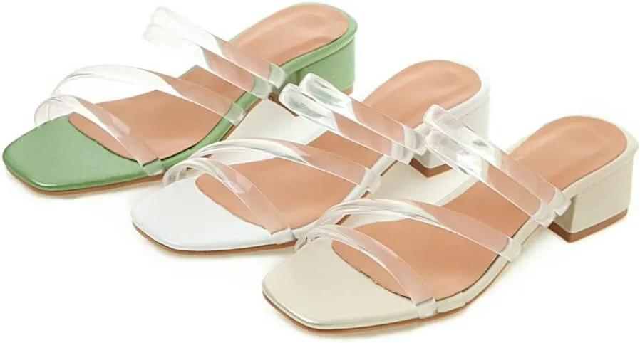 Women's Clear Strappy Heeled Slide Sandals Open Toe Slip On Jelly Comfy Low Block Heel Dress Sandal