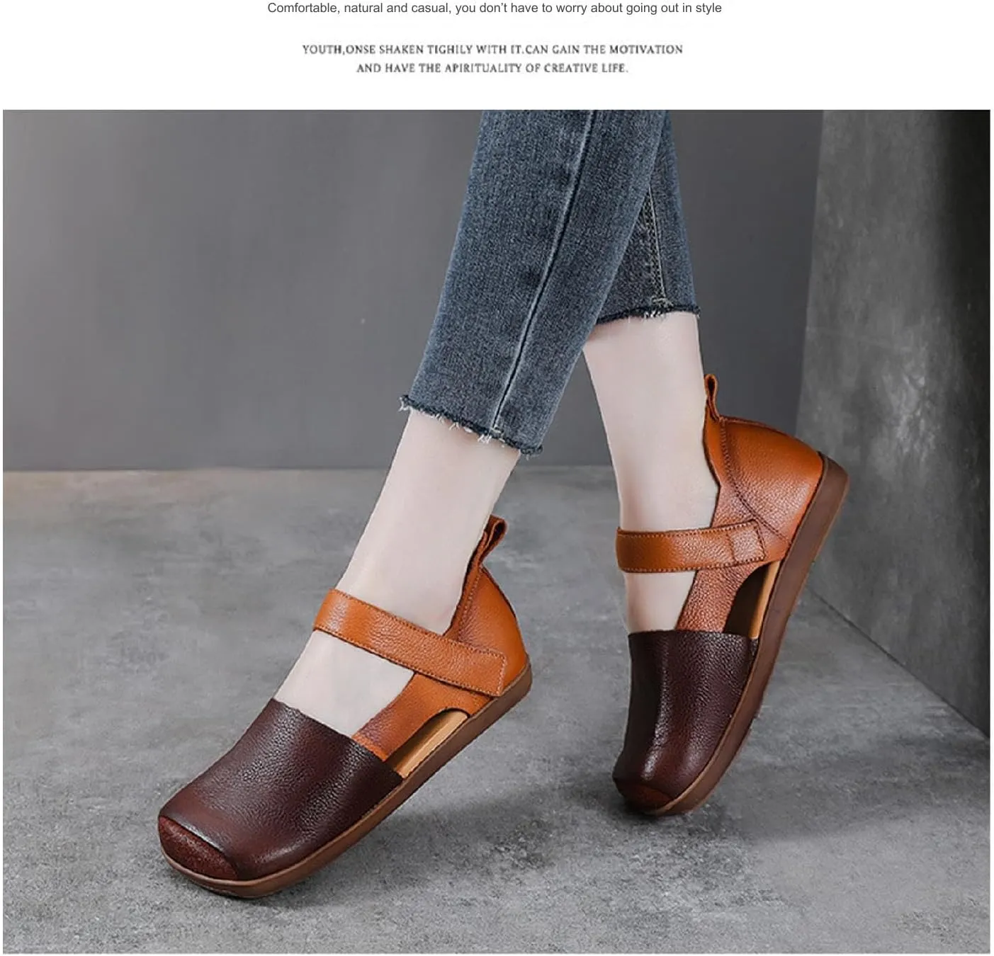 Women's Cowhide Colorblock Retro Mary Jane Shoes with Ankle Strap Round Toe Patchwork Comfort Flats Walking Shoes Slip On Soft Flat Heel Mam Loafers