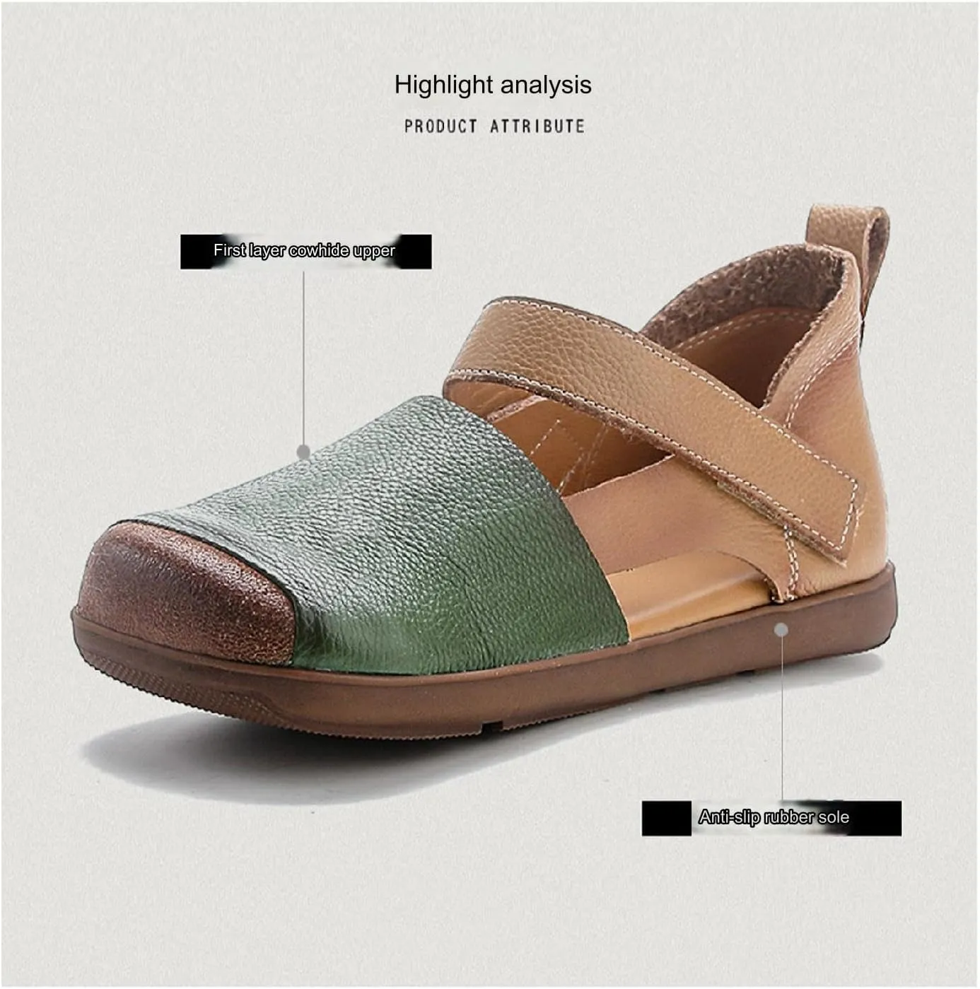 Women's Cowhide Colorblock Retro Mary Jane Shoes with Ankle Strap Round Toe Patchwork Comfort Flats Walking Shoes Slip On Soft Flat Heel Mam Loafers
