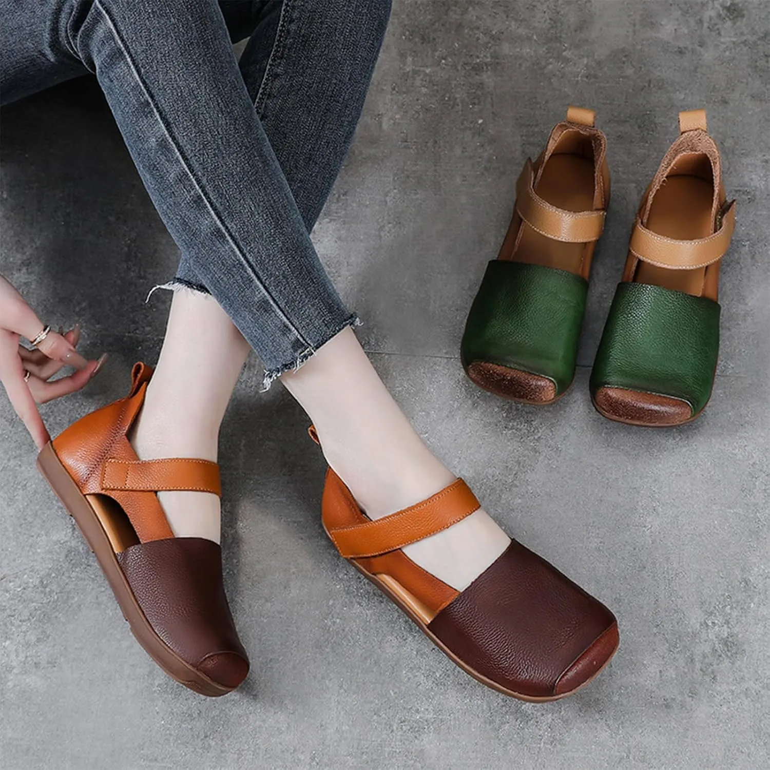 Women's Cowhide Colorblock Retro Mary Jane Shoes with Ankle Strap Round Toe Patchwork Comfort Flats Walking Shoes Slip On Soft Flat Heel Mam Loafers