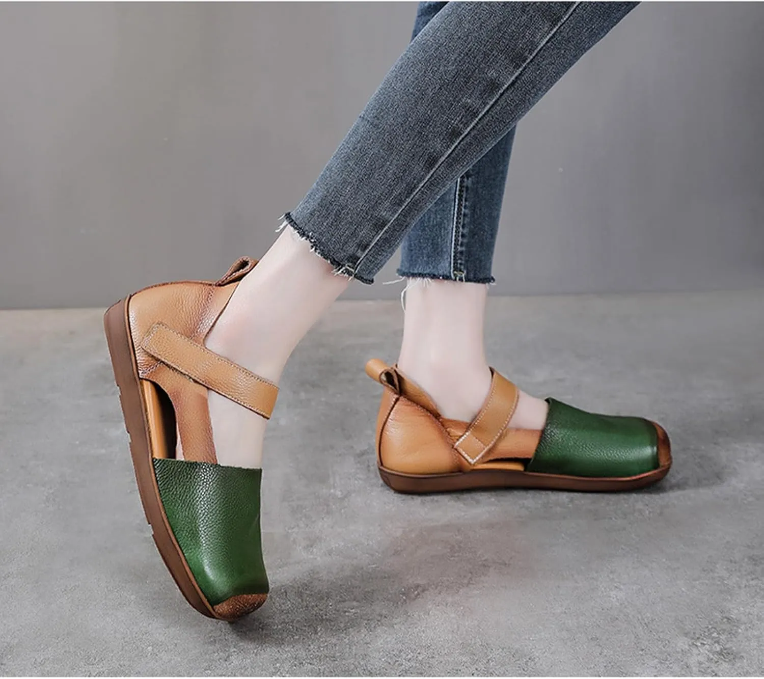 Women's Cowhide Colorblock Retro Mary Jane Shoes with Ankle Strap Round Toe Patchwork Comfort Flats Walking Shoes Slip On Soft Flat Heel Mam Loafers