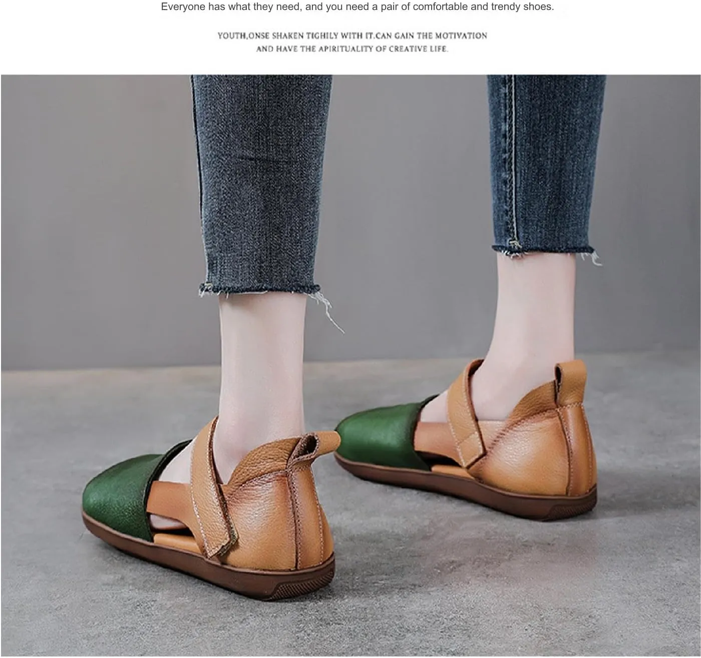 Women's Cowhide Colorblock Retro Mary Jane Shoes with Ankle Strap Round Toe Patchwork Comfort Flats Walking Shoes Slip On Soft Flat Heel Mam Loafers