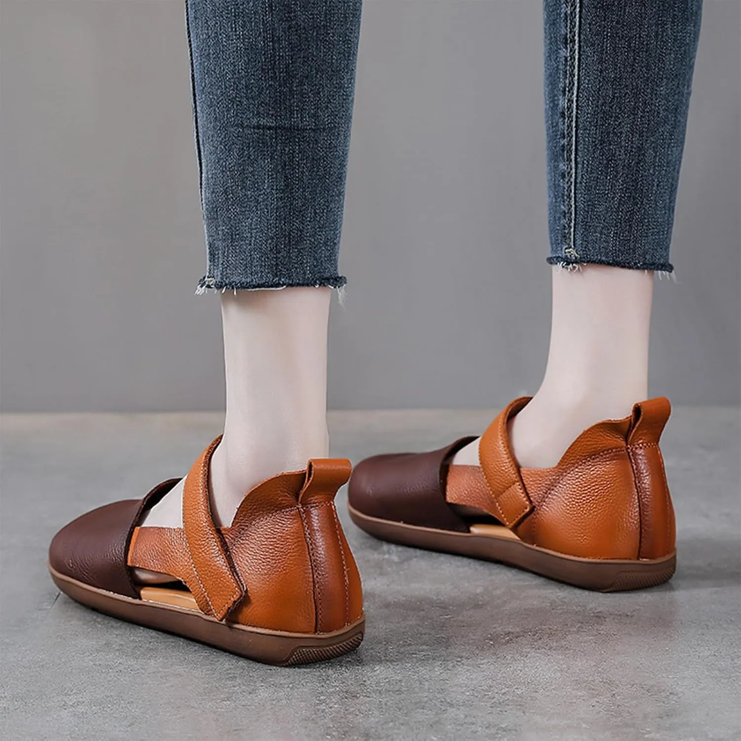 Women's Cowhide Colorblock Retro Mary Jane Shoes with Ankle Strap Round Toe Patchwork Comfort Flats Walking Shoes Slip On Soft Flat Heel Mam Loafers