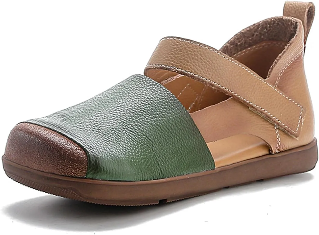 Women's Cowhide Colorblock Retro Mary Jane Shoes with Ankle Strap Round Toe Patchwork Comfort Flats Walking Shoes Slip On Soft Flat Heel Mam Loafers