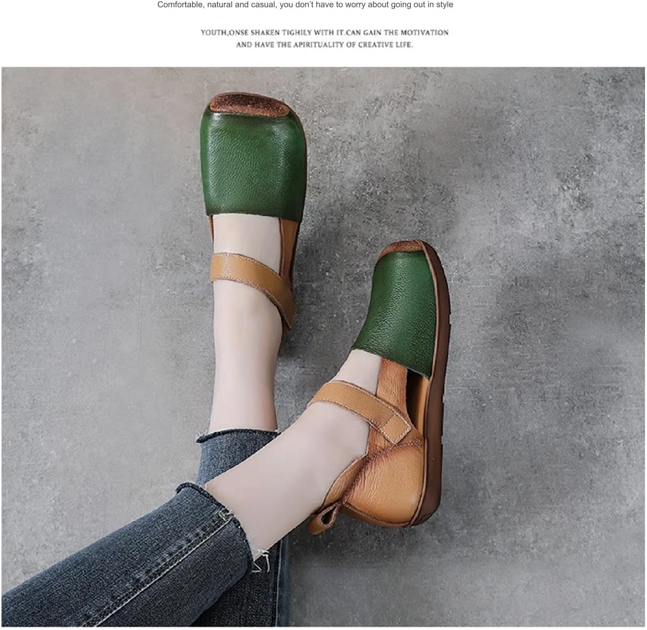 Women's Cowhide Colorblock Retro Mary Jane Shoes with Ankle Strap Round Toe Patchwork Comfort Flats Walking Shoes Slip On Soft Flat Heel Mam Loafers