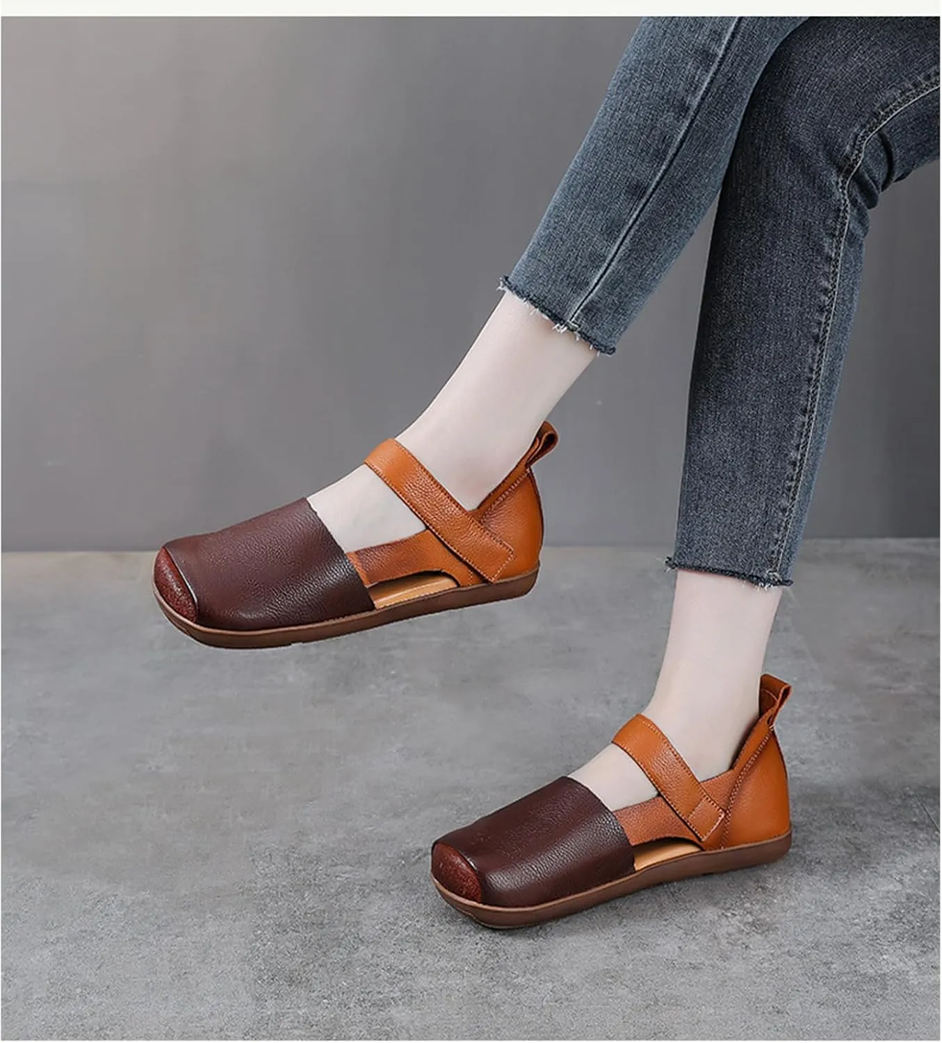 Women's Cowhide Colorblock Retro Mary Jane Shoes with Ankle Strap Round Toe Patchwork Comfort Flats Walking Shoes Slip On Soft Flat Heel Mam Loafers