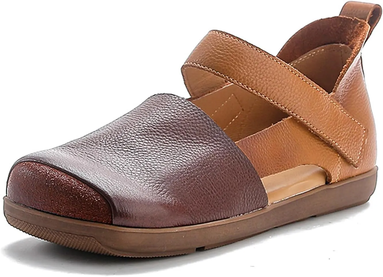 Women's Cowhide Colorblock Retro Mary Jane Shoes with Ankle Strap Round Toe Patchwork Comfort Flats Walking Shoes Slip On Soft Flat Heel Mam Loafers
