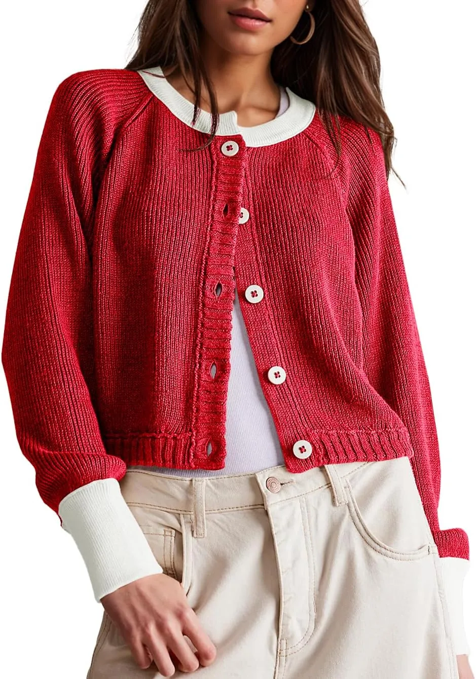 Women's Cropped Cardigan Sweaters Fall Long Sleeve Open Front Cardigans Button Down Color Block Crewneck Knit Outwear Coats