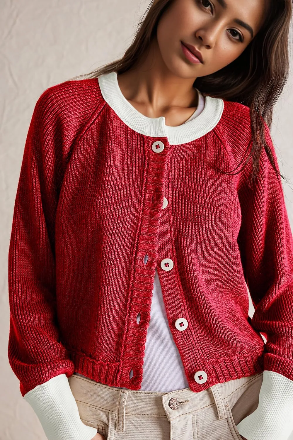 Women's Cropped Cardigan Sweaters Fall Long Sleeve Open Front Cardigans Button Down Color Block Crewneck Knit Outwear Coats