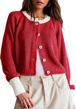Women's Cropped Cardigan Sweaters Fall Long Sleeve Open Front Cardigans Button Down Color Block Crewneck Knit Outwear Coats