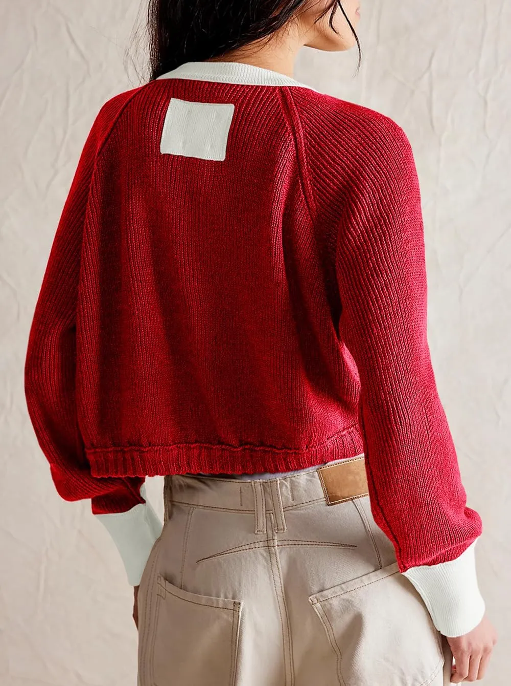 Women's Cropped Cardigan Sweaters Fall Long Sleeve Open Front Cardigans Button Down Color Block Crewneck Knit Outwear Coats