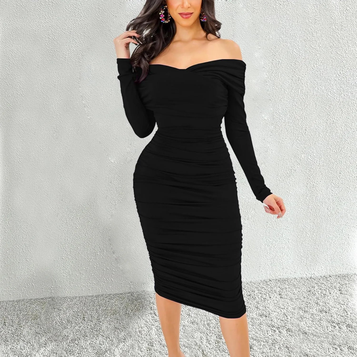 Women's Elegant Bodycon Long Dresses Deep V Neck Long Sleeves Club Night Party Midi Dress