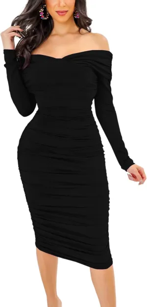 Women's Elegant Bodycon Long Dresses Deep V Neck Long Sleeves Club Night Party Midi Dress
