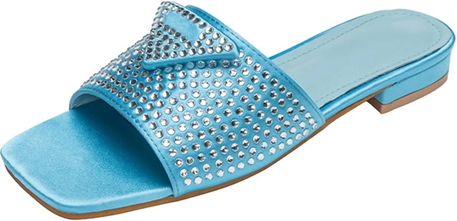 Women's Embroidered Slides Square Open Toe Sandals Casual Beach Flats Sandals