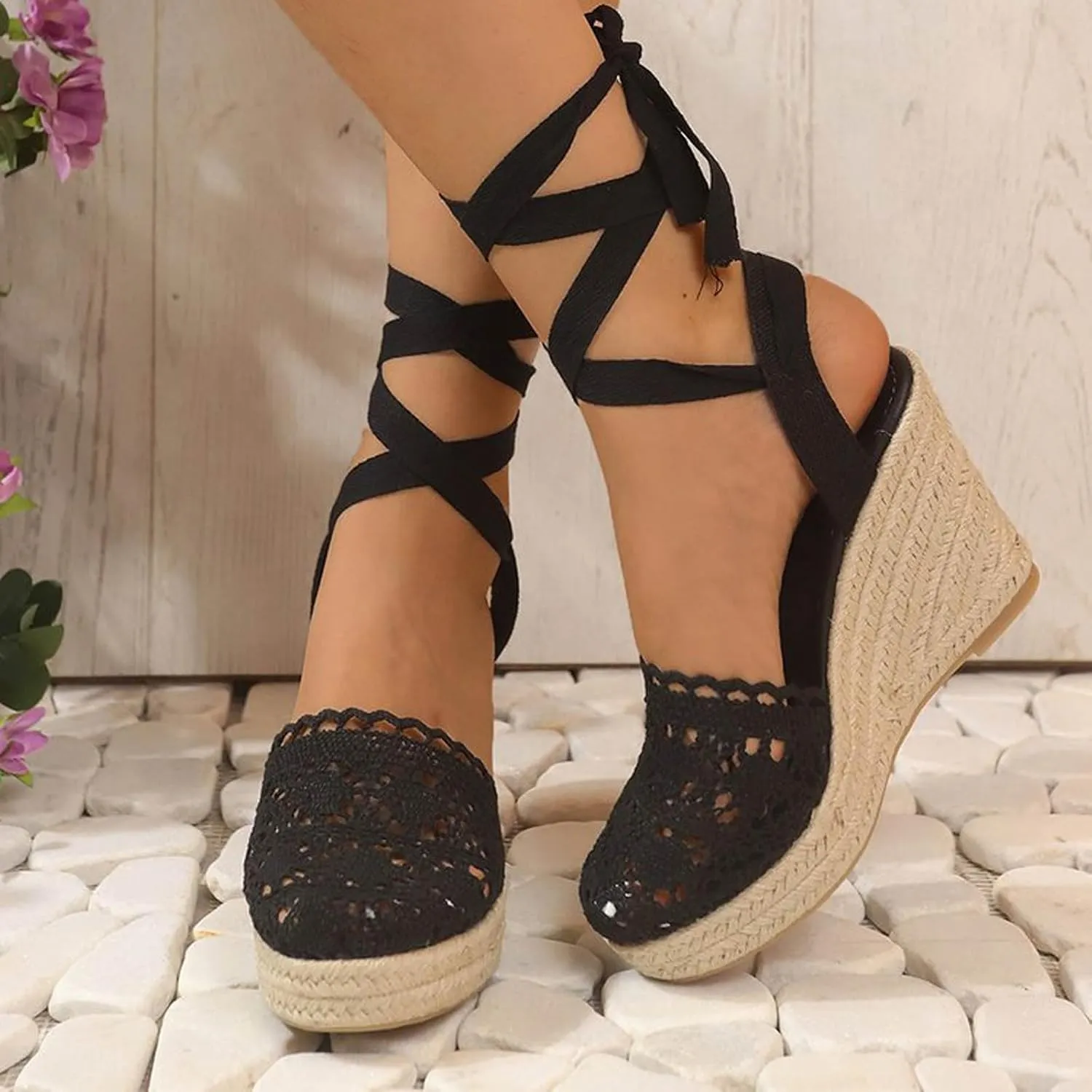 Women's Espadrille Wedge Sandal Hollow Closed Toe High Platforms Lace Up Dressy Summer Sandals Slip On Casual Shoes
