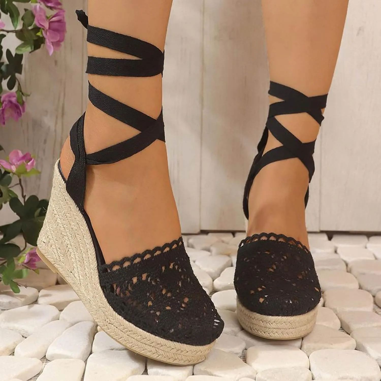 Women's Espadrille Wedge Sandal Hollow Closed Toe High Platforms Lace Up Dressy Summer Sandals Slip On Casual Shoes
