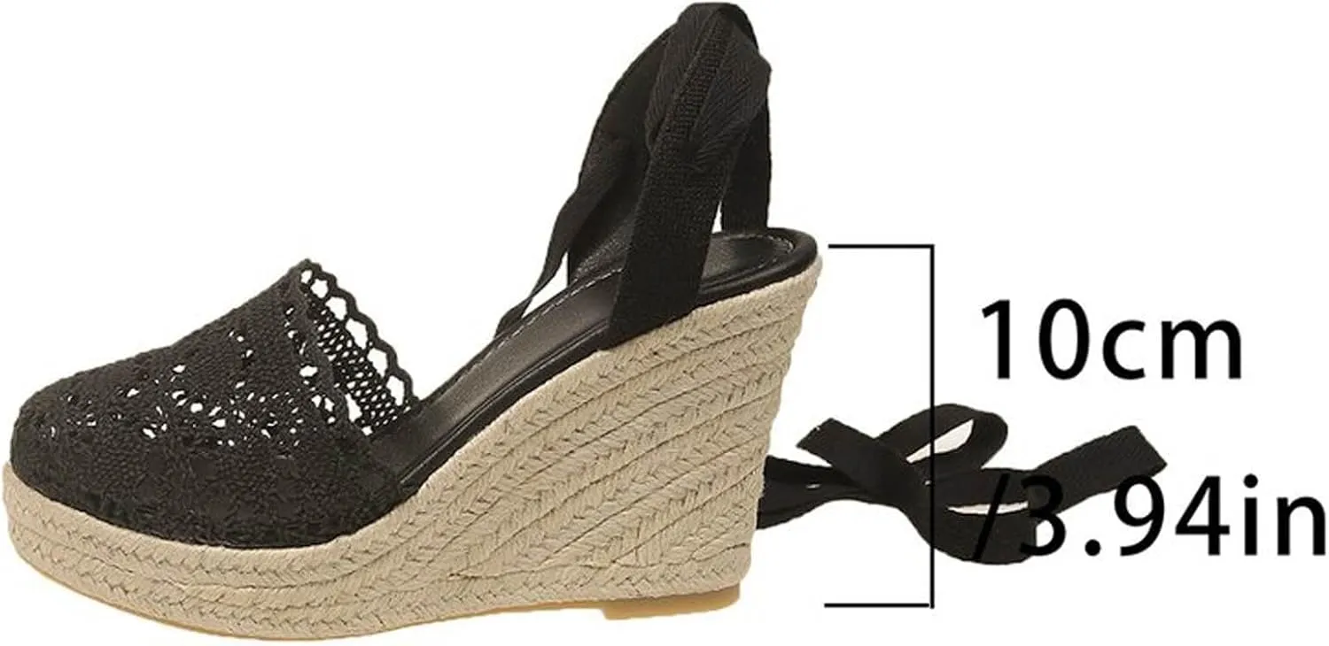 Women's Espadrille Wedge Sandal Hollow Closed Toe High Platforms Lace Up Dressy Summer Sandals Slip On Casual Shoes
