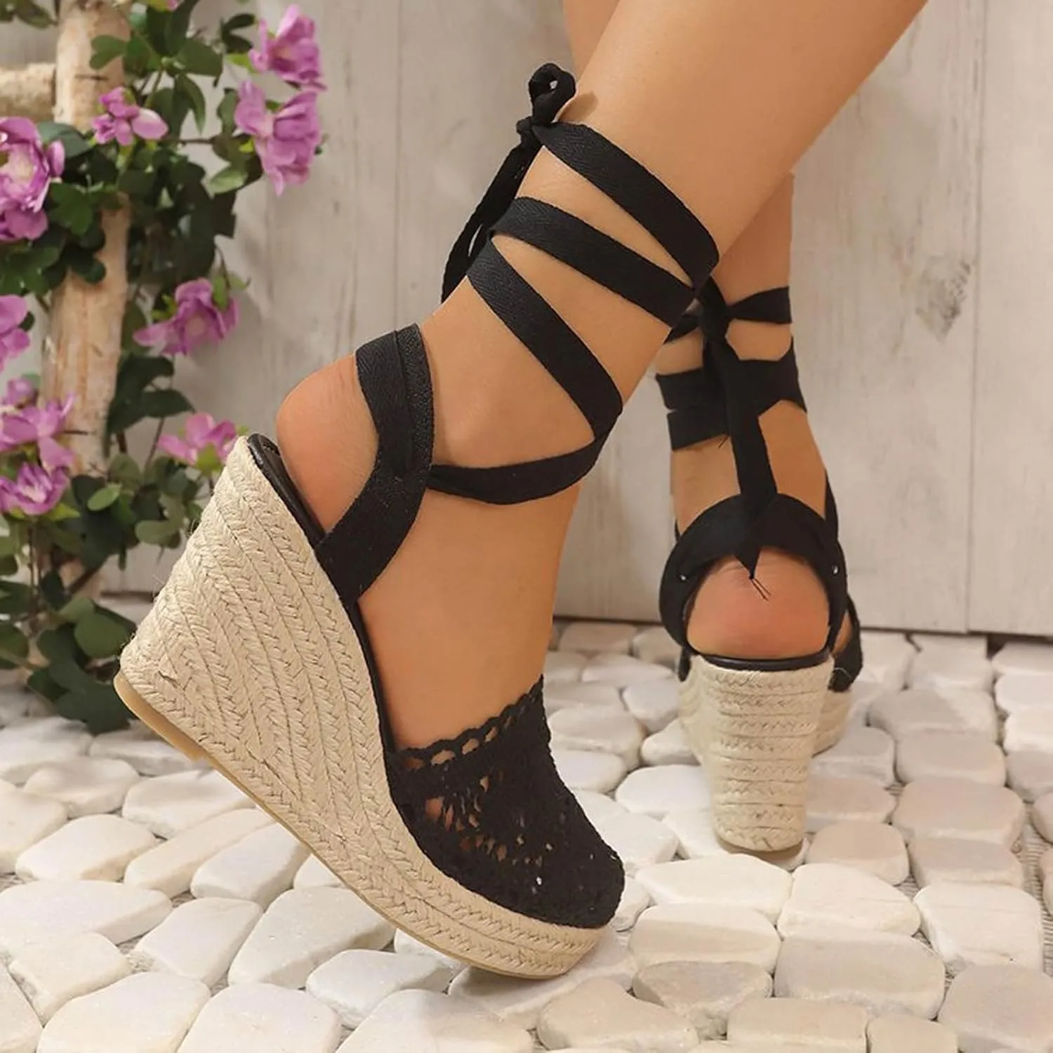Women's Espadrille Wedge Sandal Hollow Closed Toe High Platforms Lace Up Dressy Summer Sandals Slip On Casual Shoes