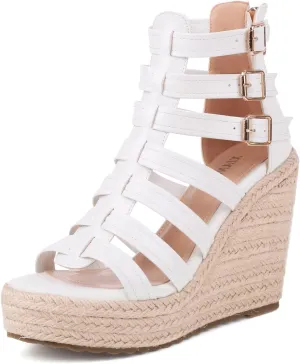 Women's Espadrilles Platform Wedge Sandals 4 Inch Adjustable Strappy with Back Zipper Open Toe Summer Vacation Dressy Wedge Heels