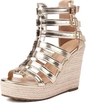 Women's Espadrilles Platform Wedge Sandals 4 Inch Adjustable Strappy with Back Zipper Open Toe Summer Vacation Dressy Wedge Heels