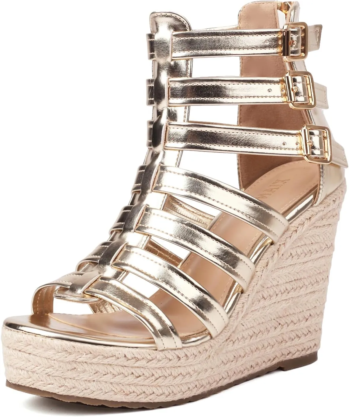 Women's Espadrilles Platform Wedge Sandals 4 Inch Adjustable Strappy with Back Zipper Open Toe Summer Vacation Dressy Wedge Heels