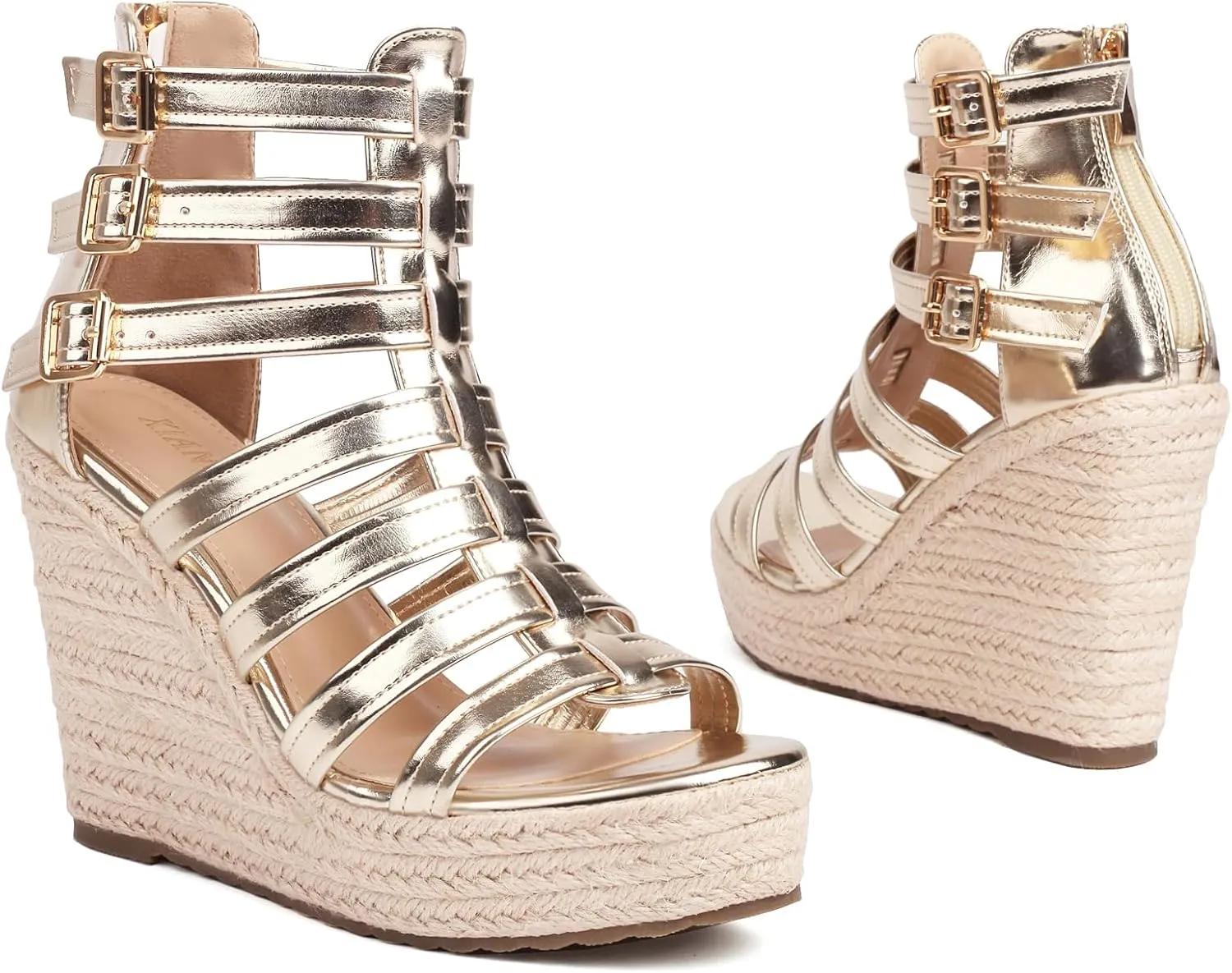 Women's Espadrilles Platform Wedge Sandals 4 Inch Adjustable Strappy with Back Zipper Open Toe Summer Vacation Dressy Wedge Heels