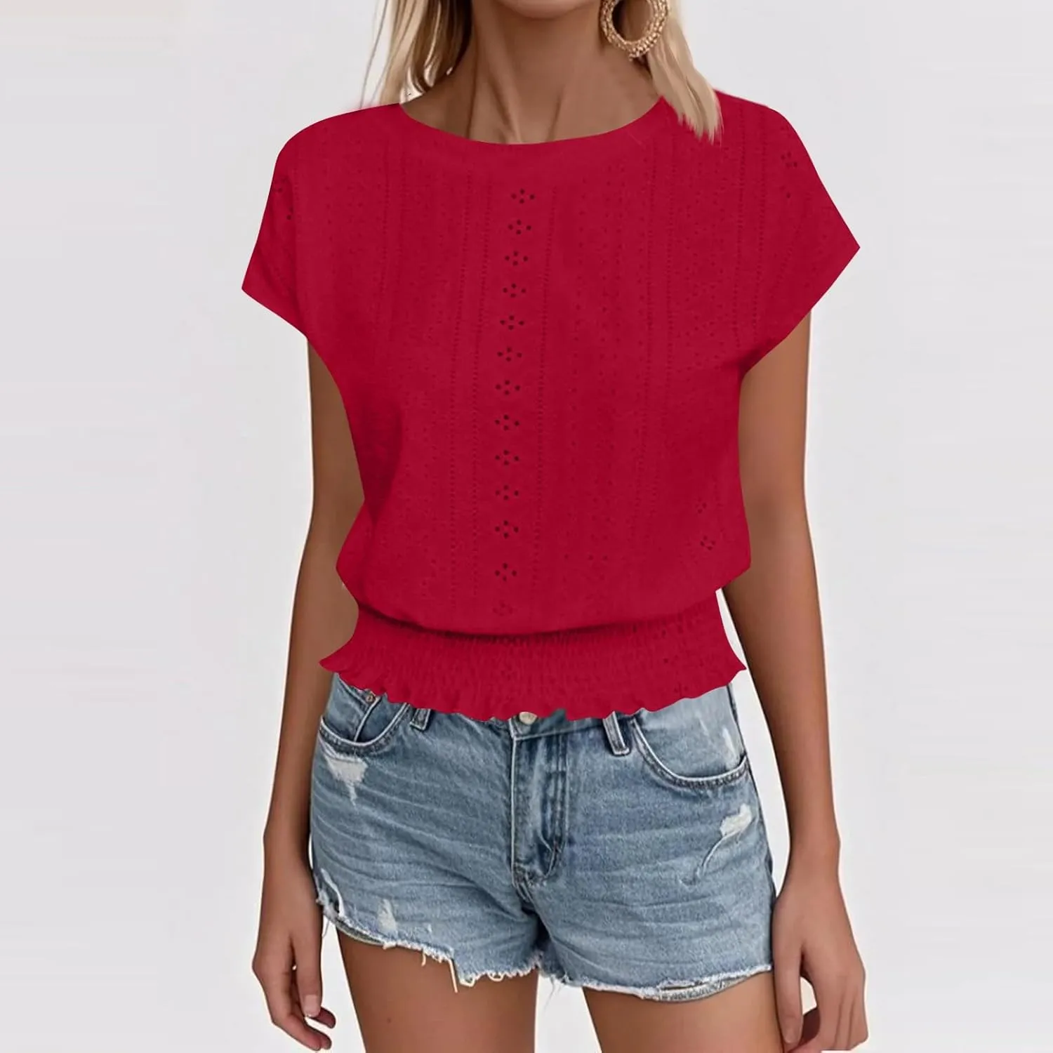Womens Eyelet Tops Cute Hollow Out Embroidered Blouses Summer Smocked Elastic Hem Shirts Date Outfits