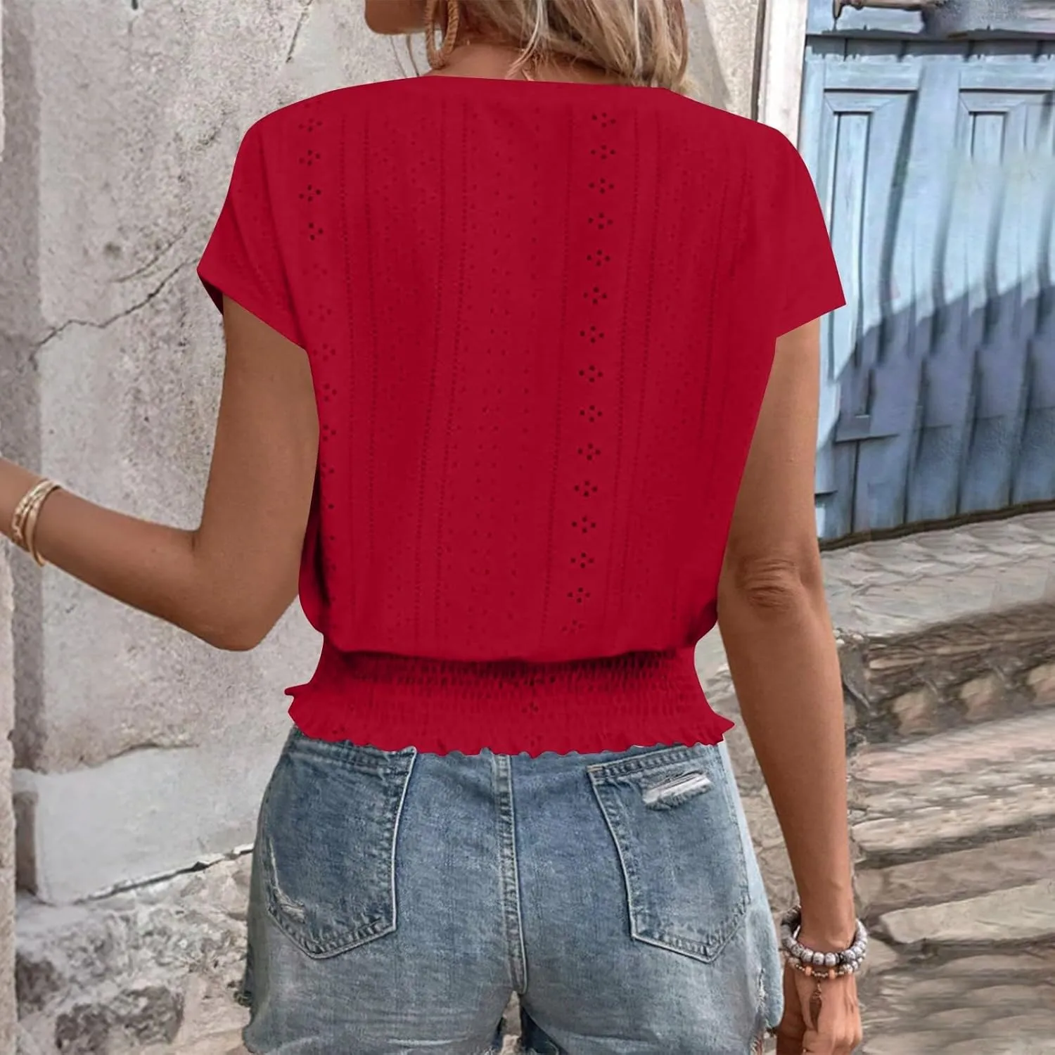 Womens Eyelet Tops Cute Hollow Out Embroidered Blouses Summer Smocked Elastic Hem Shirts Date Outfits