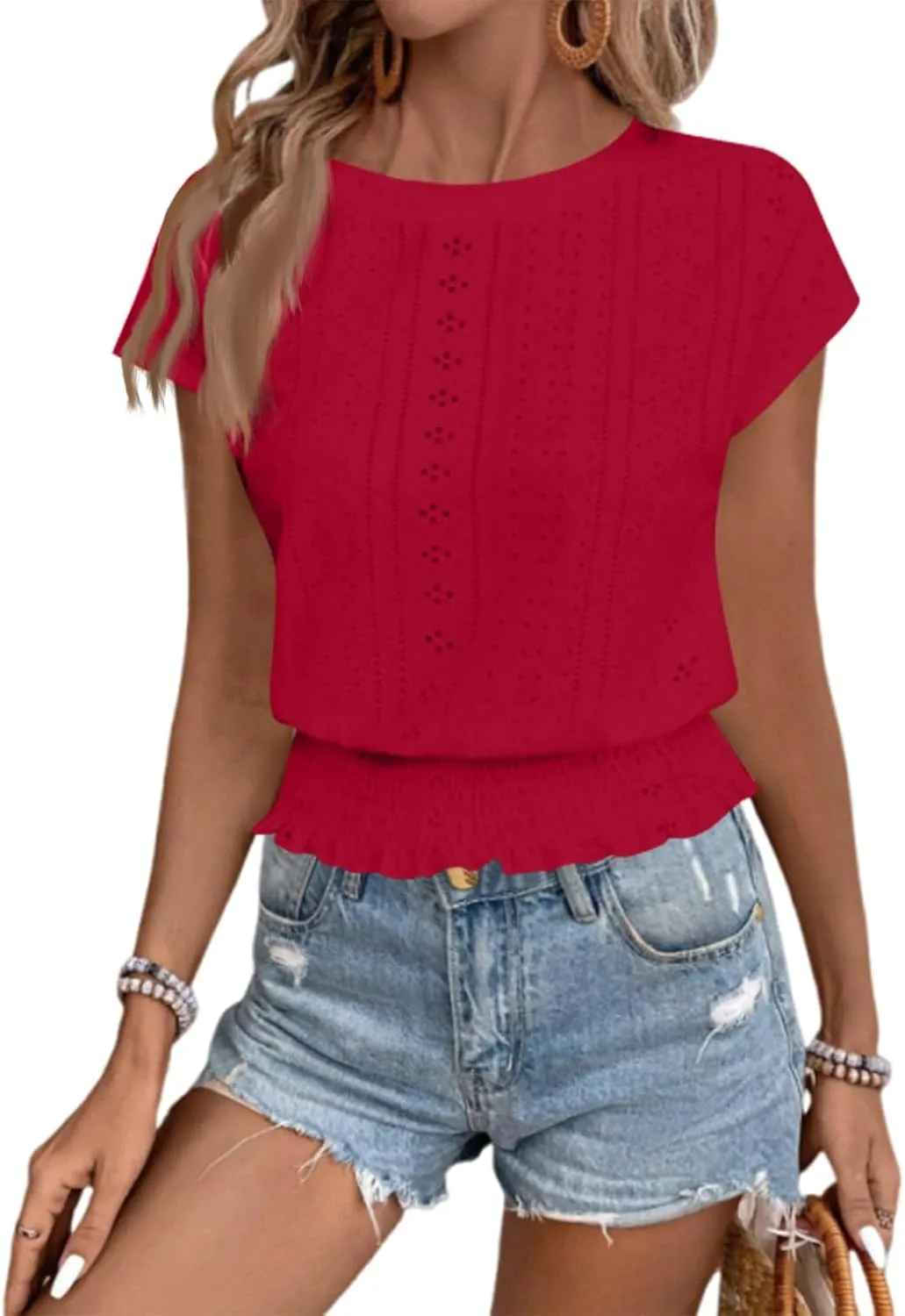 Womens Eyelet Tops Cute Hollow Out Embroidered Blouses Summer Smocked Elastic Hem Shirts Date Outfits