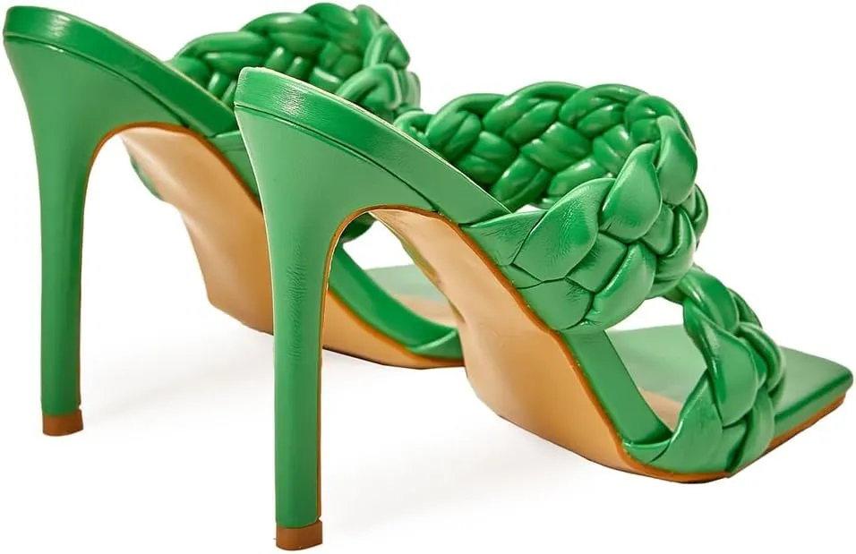 Women's Fashion Braided Stilettos High Heel Sandals Open Toe Two Strap Slip On Dress Heeled Sandal