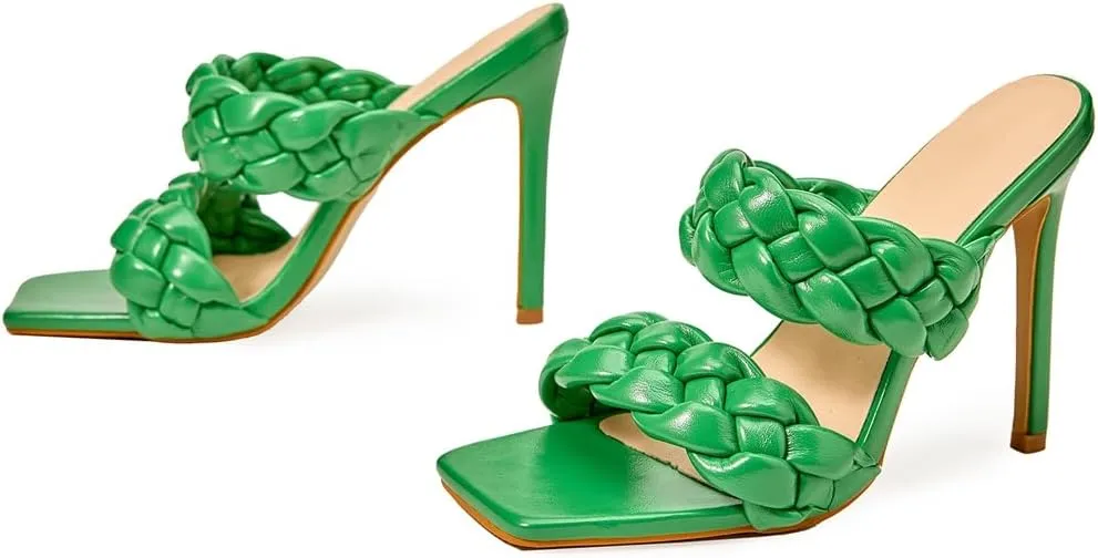 Women's Fashion Braided Stilettos High Heel Sandals Open Toe Two Strap Slip On Dress Heeled Sandal