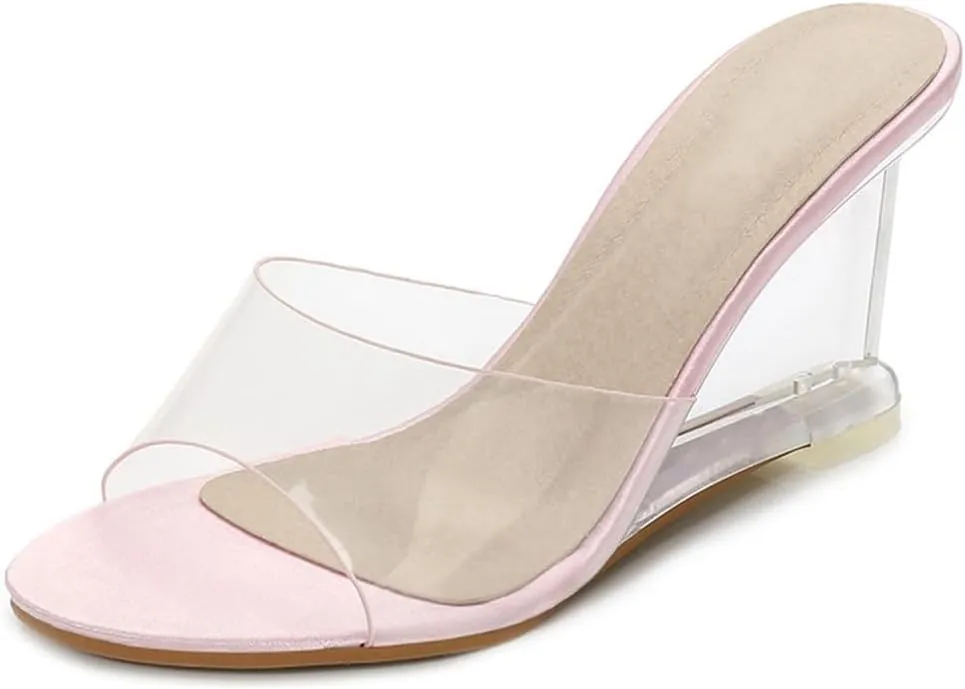 Women's Fashion Clear Wedge Sandals Open Toe Slip On Mules High Heel Transparent Jelly Dress Sandal
