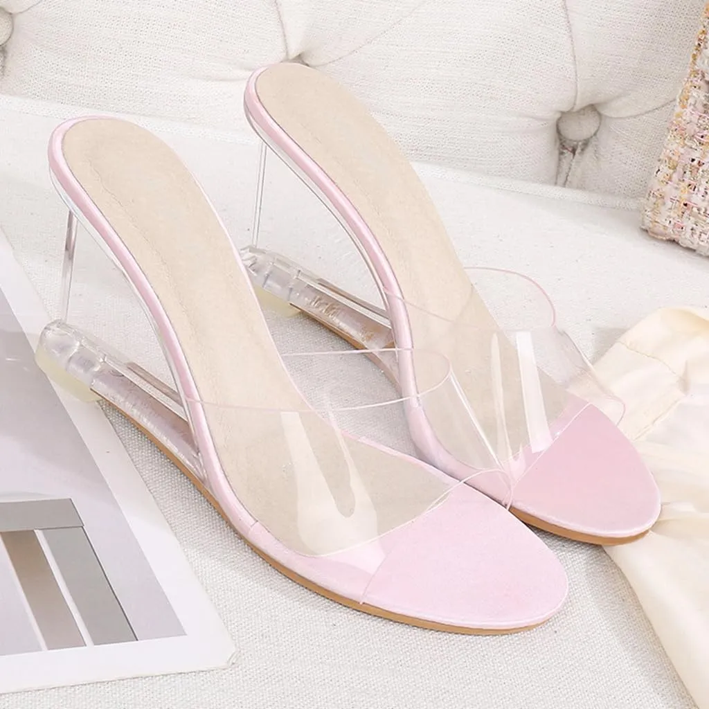 Women's Fashion Clear Wedge Sandals Open Toe Slip On Mules High Heel Transparent Jelly Dress Sandal