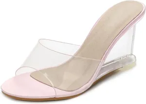 Women's Fashion Clear Wedge Sandals Open Toe Slip On Mules High Heel Transparent Jelly Dress Sandal