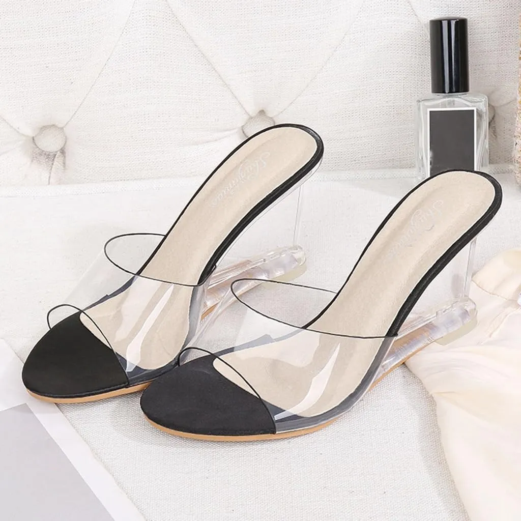 Women's Fashion Clear Wedge Sandals Open Toe Slip On Mules High Heel Transparent Jelly Dress Sandal