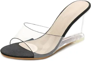 Women's Fashion Clear Wedge Sandals Open Toe Slip On Mules High Heel Transparent Jelly Dress Sandal