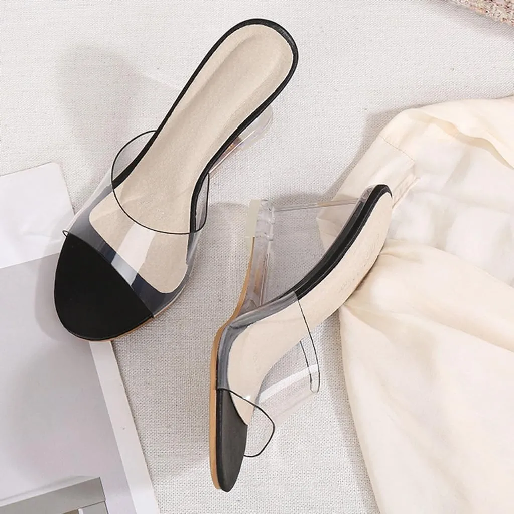 Women's Fashion Clear Wedge Sandals Open Toe Slip On Mules High Heel Transparent Jelly Dress Sandal