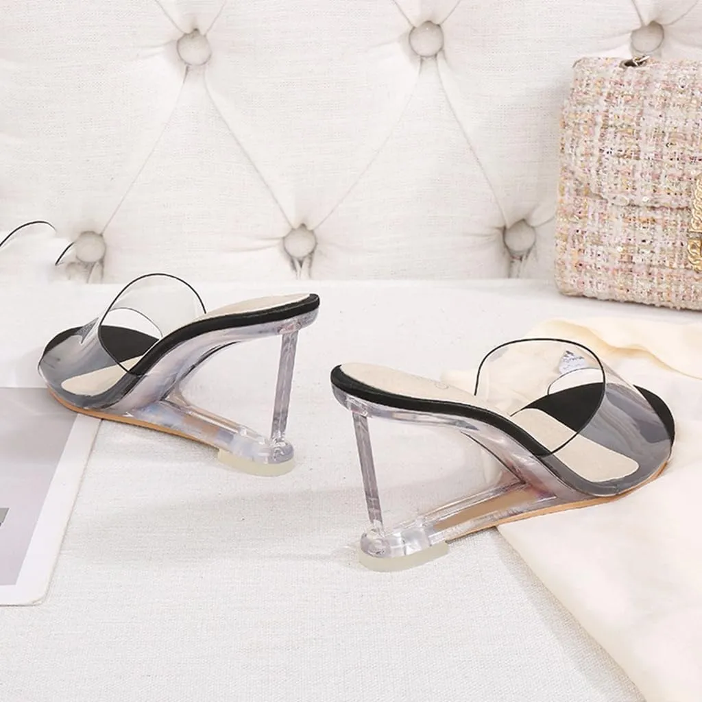 Women's Fashion Clear Wedge Sandals Open Toe Slip On Mules High Heel Transparent Jelly Dress Sandal
