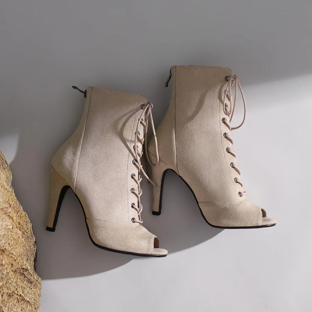 Women's Fashion Sexy Peep Toe High Heels Dressy Ankle Booties Lace Up Zip Dance Stilettos Heeled Sandals