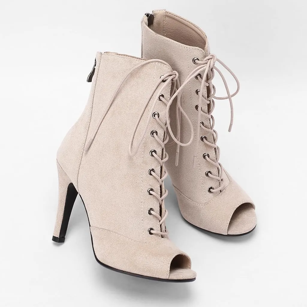 Women's Fashion Sexy Peep Toe High Heels Dressy Ankle Booties Lace Up Zip Dance Stilettos Heeled Sandals