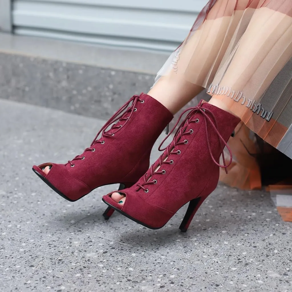 Women's Fashion Sexy Peep Toe High Heels Dressy Ankle Booties Lace Up Zip Dance Stilettos Heeled Sandals