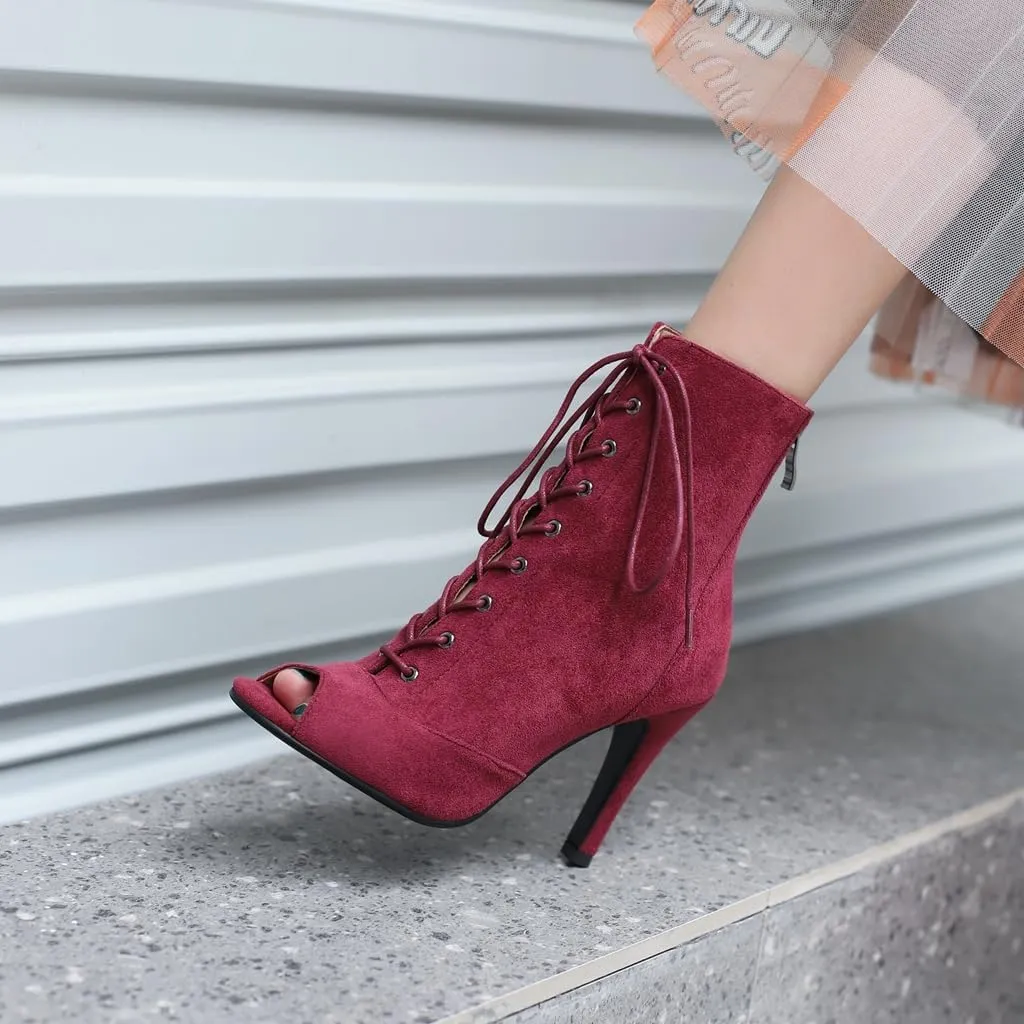 Women's Fashion Sexy Peep Toe High Heels Dressy Ankle Booties Lace Up Zip Dance Stilettos Heeled Sandals