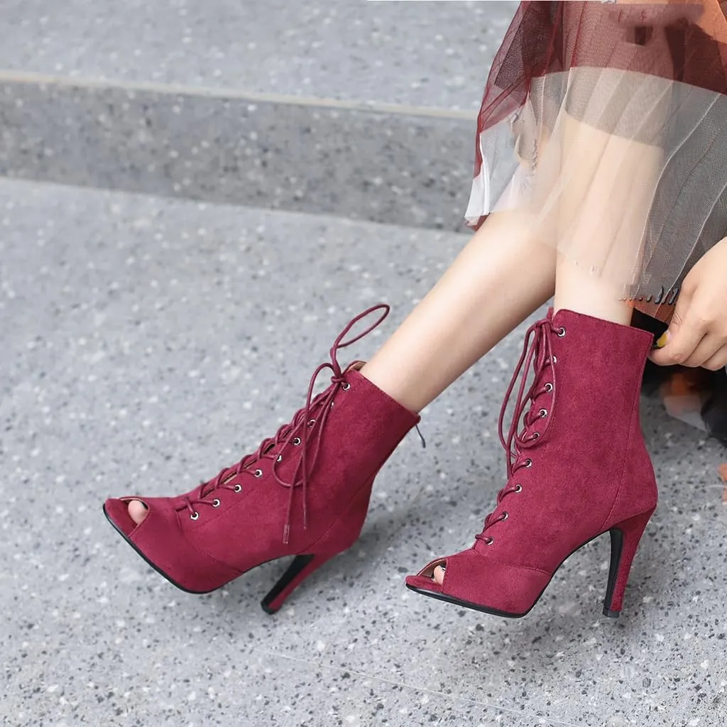 Women's Fashion Sexy Peep Toe High Heels Dressy Ankle Booties Lace Up Zip Dance Stilettos Heeled Sandals