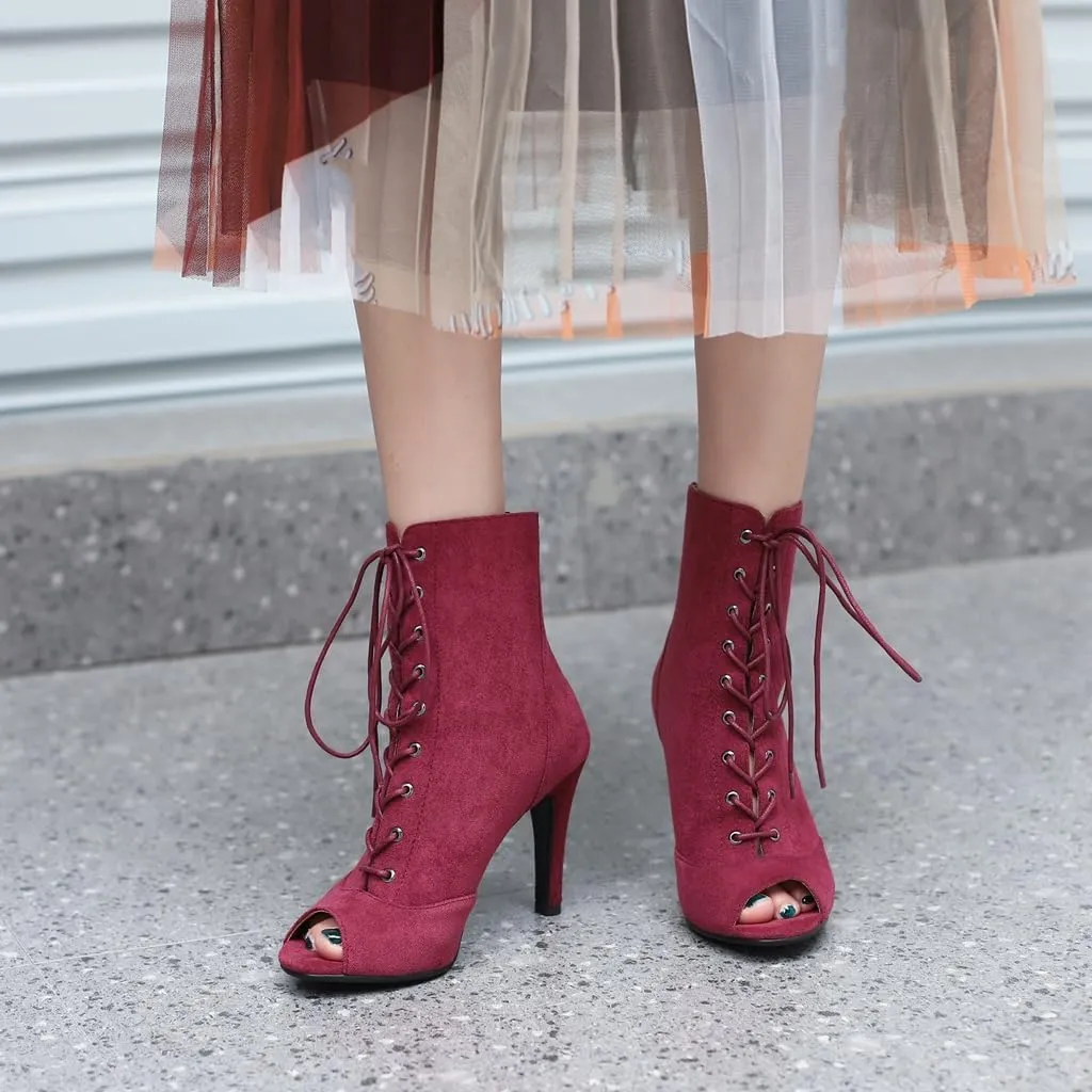 Women's Fashion Sexy Peep Toe High Heels Dressy Ankle Booties Lace Up Zip Dance Stilettos Heeled Sandals