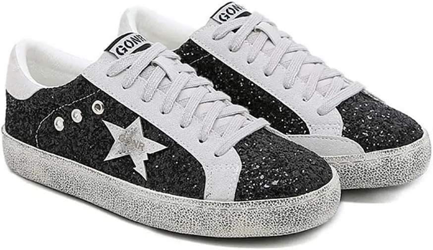 Women's Fashion Star Sneaker Glitter Sparkly Fashion Shiny Casual Bling Sequin Concert Shoes Canvas Low Top Lace Up Comfortable Cushioned Walking for Street Wedding Party Night Club